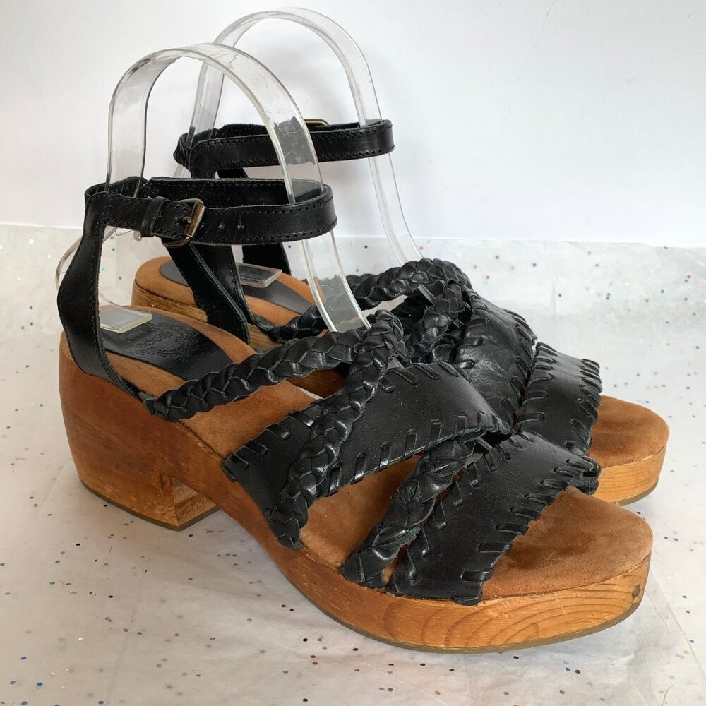 Ecote Urban Outfitters Black Leather Whipstitch Strappy Wood Platform Sandals 8